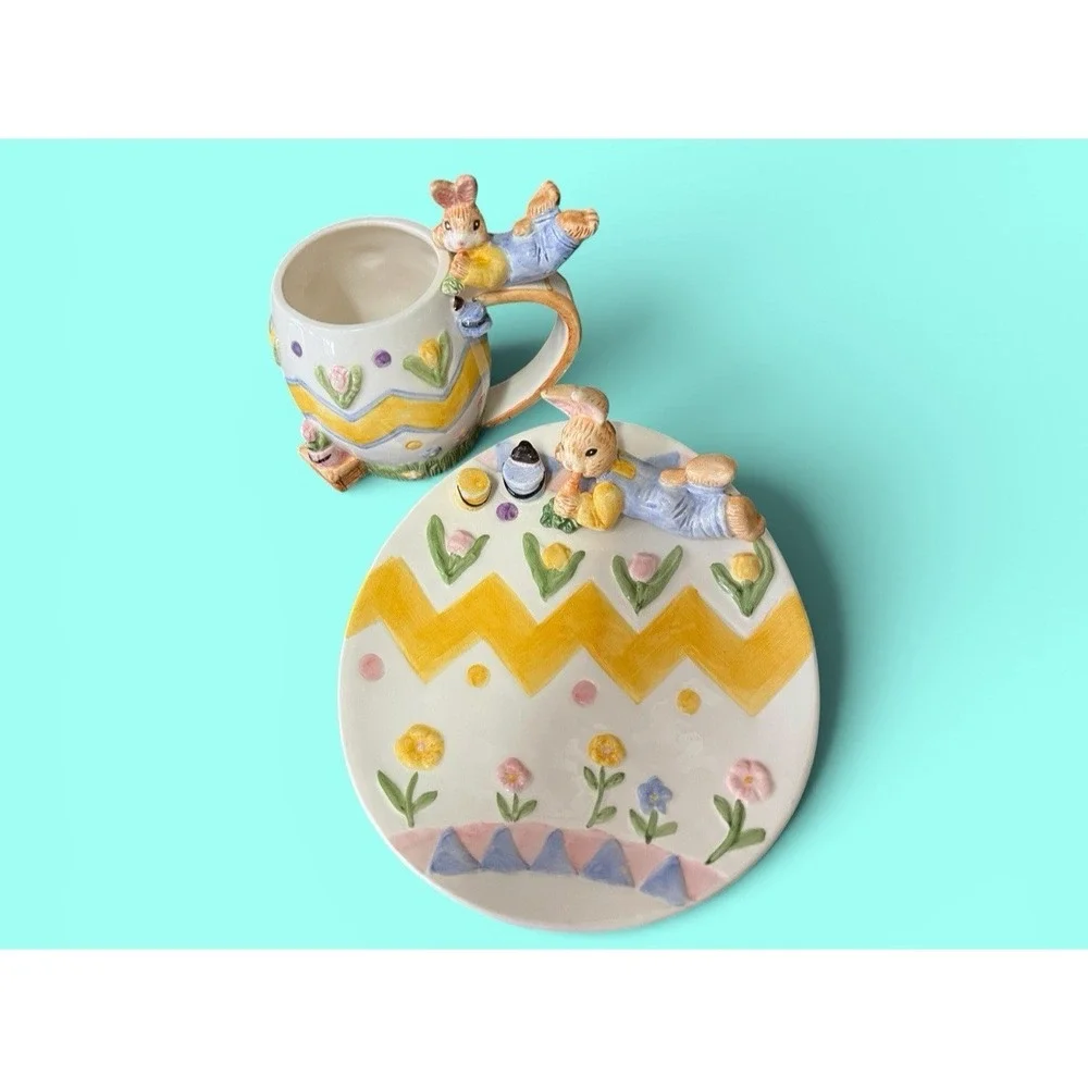 Fitz & Floyd Omnibus Eggspress Bunny‎ Rabbit Plate Cup Set Pastel Spring Vintage